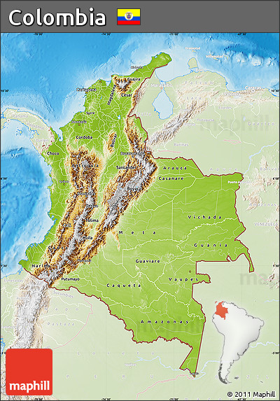 Physical Map of Colombia, lighten, land only