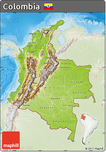 Physical Map of Colombia, lighten, land only