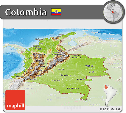 Physical Panoramic Map of Colombia, lighten, land only