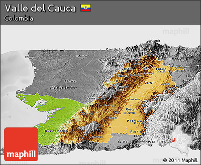 Physical Panoramic Map of Valle Del Cauca, desaturated