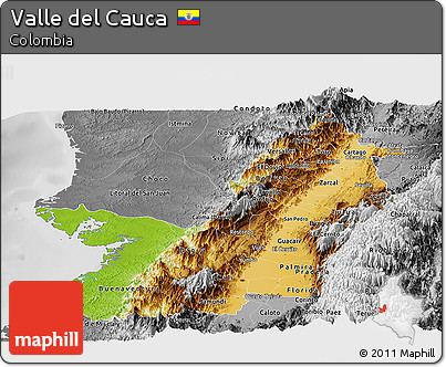 Physical Panoramic Map of Valle Del Cauca, desaturated