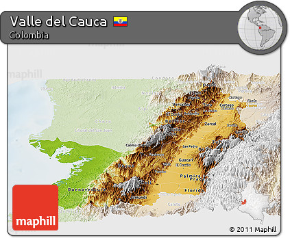 Physical Panoramic Map of Valle Del Cauca, lighten