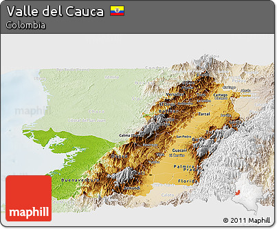 Physical Panoramic Map of Valle Del Cauca, lighten