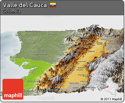 Physical Panoramic Map of Valle Del Cauca, semi-desaturated