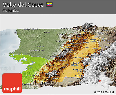 Physical Panoramic Map of Valle Del Cauca, semi-desaturated