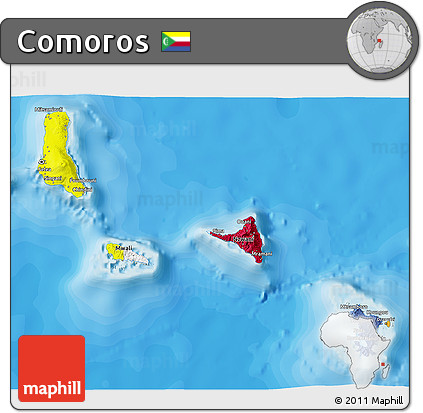 Flag 3D Map of Comoros, political outside, flag aligned to the middle