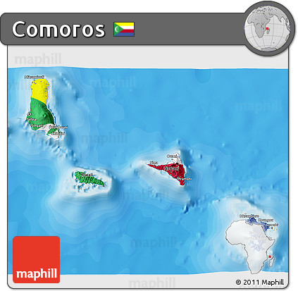 Flag 3D Map of Comoros, shaded relief outside, bathymetry sea, flag centered