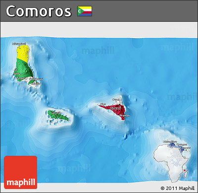 Flag 3D Map of Comoros, shaded relief outside, bathymetry sea, flag centered