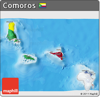 Flag 3D Map of Comoros, shaded relief outside, bathymetry sea, flag centered