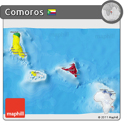 Flag 3D Map of Comoros, shaded relief outside, bathymetry sea, flag rotated