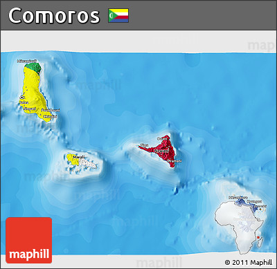 Flag 3D Map of Comoros, shaded relief outside, bathymetry sea, flag rotated