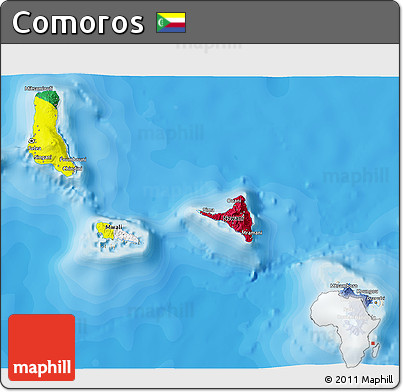 Flag 3D Map of Comoros, shaded relief outside, bathymetry sea, flag rotated