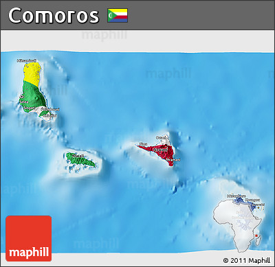 Flag 3D Map of Comoros, shaded relief outside, flag centered
