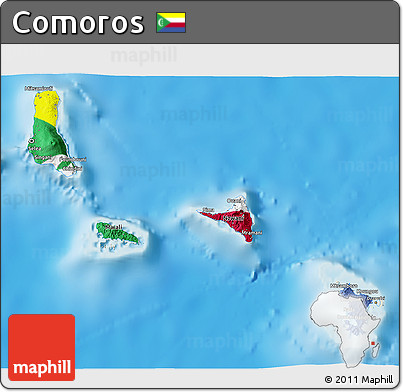 Flag 3D Map of Comoros, shaded relief outside, flag centered