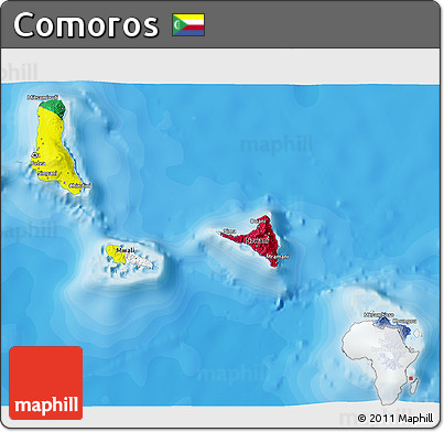 Flag 3D Map of Comoros, single color outside, bathymetry sea, shaded relief sea, flag rotated