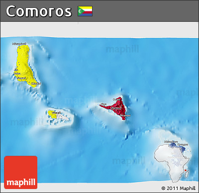 Flag 3D Map of Comoros, single color outside, shaded relief sea, flag aligned to the middle