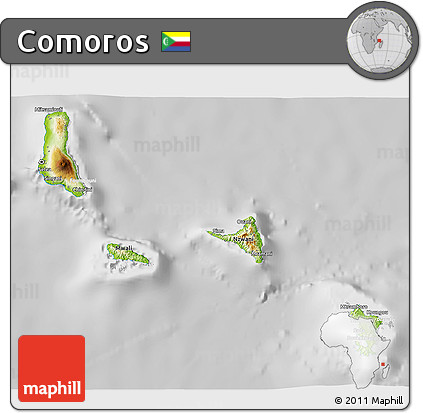 Physical 3D Map of Comoros, lighten, desaturated
