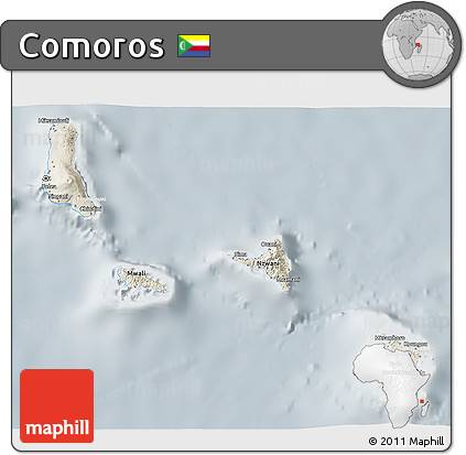 Shaded Relief 3D Map of Comoros, lighten, semi-desaturated