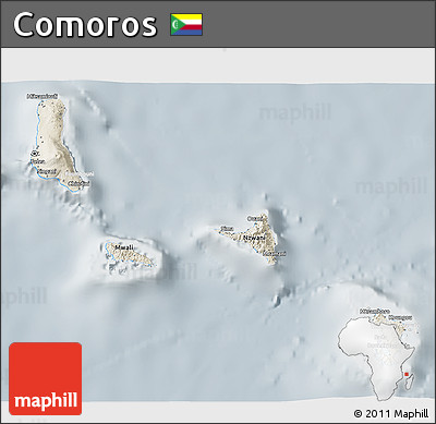 Shaded Relief 3D Map of Comoros, lighten, semi-desaturated