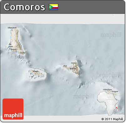Shaded Relief 3D Map of Comoros, lighten, semi-desaturated