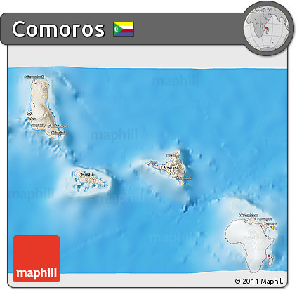 Shaded Relief 3D Map of Comoros, political shades outside, shaded relief sea