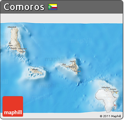 Shaded Relief 3D Map of Comoros, political shades outside, shaded relief sea