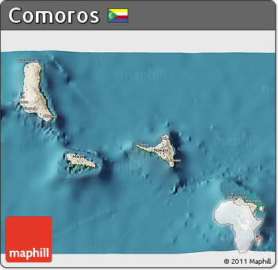 Shaded Relief 3D Map of Comoros, single color outside, satellite sea