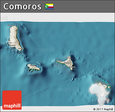 Shaded Relief 3D Map of Comoros, single color outside, satellite sea
