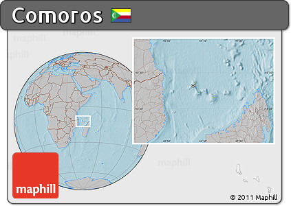 Physical Location Map of Comoros, gray outside, hill shading