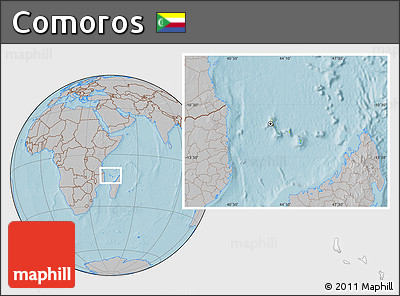Physical Location Map of Comoros, gray outside, hill shading