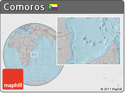 Physical Location Map of Comoros, gray outside, hill shading