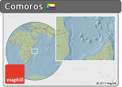 Physical Location Map of Comoros, savanna style outside, hill shading