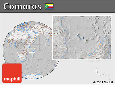Satellite Location Map of Comoros, lighten, desaturated