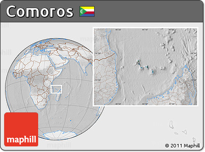 Satellite Location Map of Comoros, lighten, desaturated