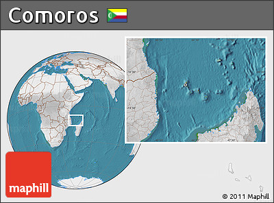 Satellite Location Map of Comoros, lighten, desaturated, land only