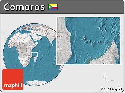 Satellite Location Map of Comoros, lighten, desaturated, land only