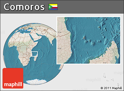 Satellite Location Map of Comoros, lighten, land only