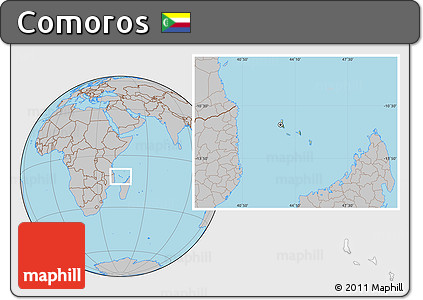 Savanna Style Location Map of Comoros, gray outside, hill shading inside