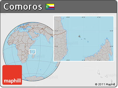 Savanna Style Location Map of Comoros, gray outside, hill shading inside