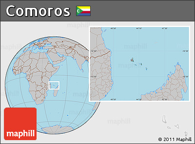 Savanna Style Location Map of Comoros, gray outside, hill shading inside