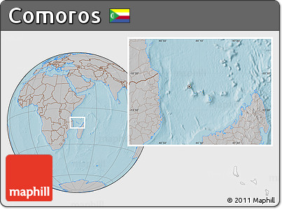 Savanna Style Location Map of Comoros, gray outside, hill shading