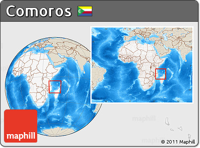 Shaded Relief Location Map of Comoros, highlighted continent, within the entire continent