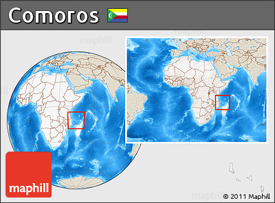 Shaded Relief Location Map of Comoros, highlighted continent, within the entire continent