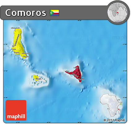Flag Map of Comoros, physical outside, flag aligned to the middle