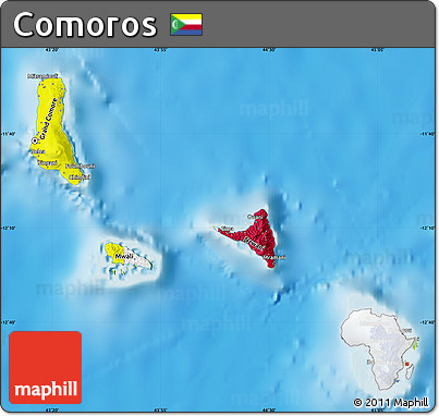 Flag Map of Comoros, physical outside, flag aligned to the middle