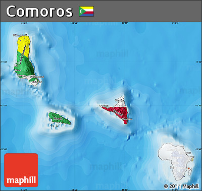 Flag Map of Comoros, satellite outside, bathymetry sea, flag centered