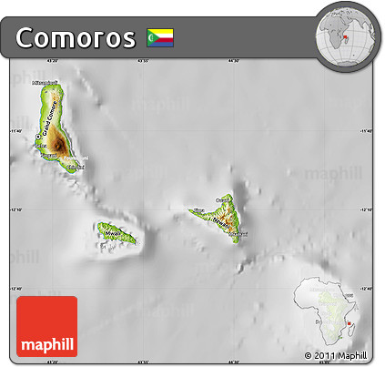 Physical Map of Comoros, lighten, desaturated