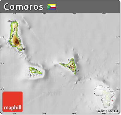 Physical Map of Comoros, lighten, desaturated