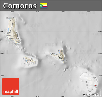 Shaded Relief Map of Comoros, lighten, desaturated
