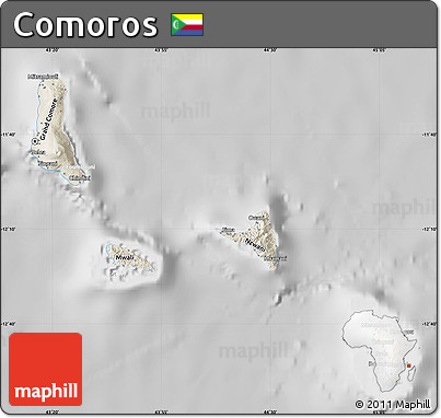 Shaded Relief Map of Comoros, lighten, desaturated